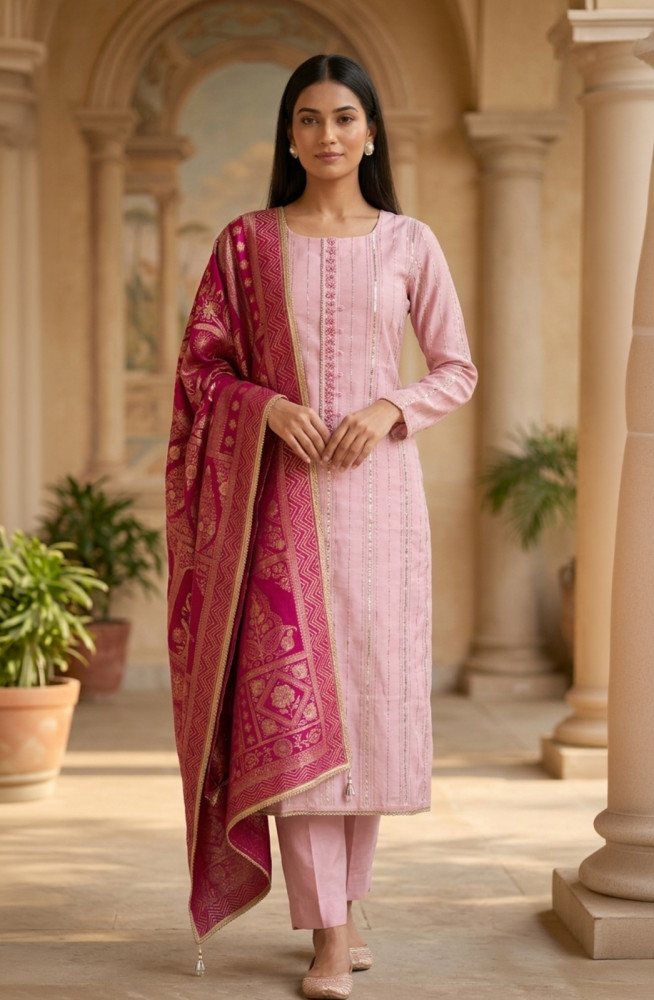 Image of Pink Chanderi Unstitched Suit Set with Beautiful Rani Dupatta - 693-JDF3193