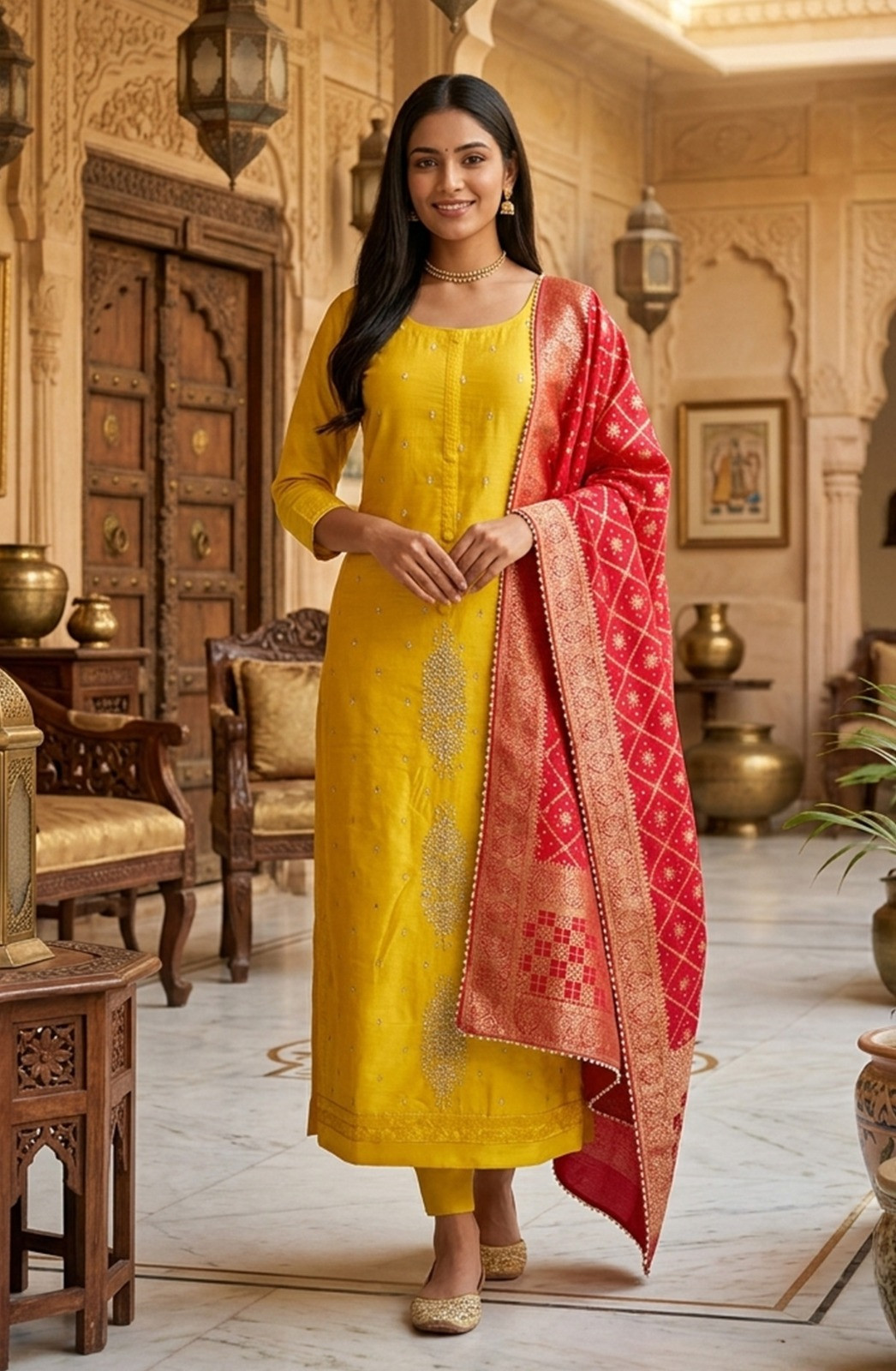 Yellow Chanderi Unstitched Suit Set with Beautiful Rani Dupatta - 693-JDF2014A