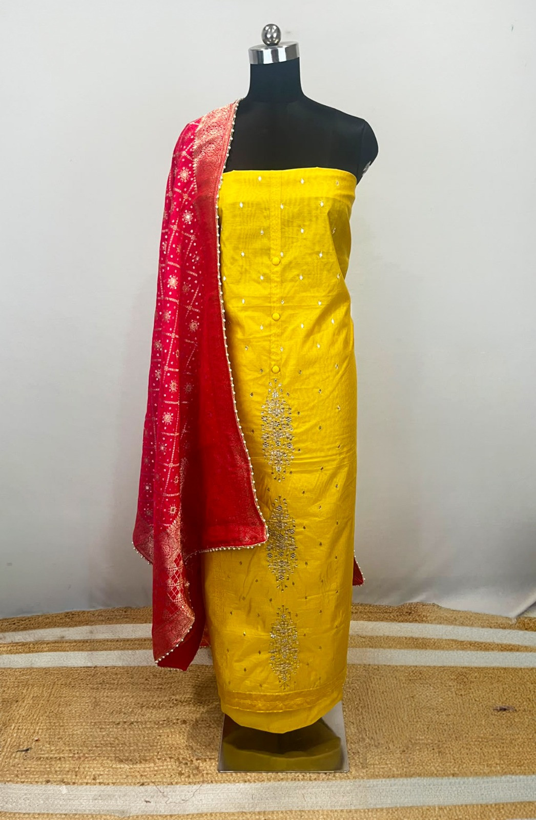 Yellow Chanderi Unstitched Suit Set with Beautiful Rani Dupatta - 693-JDF2014A