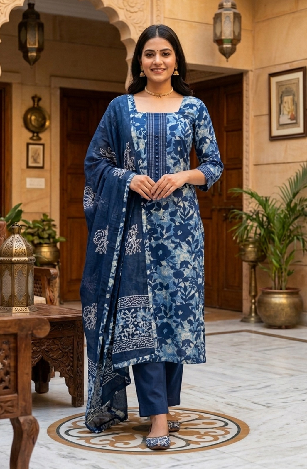 Indigo Cotton Digital Printed Beautiful Suit Set with Dupatta - 1029-3796