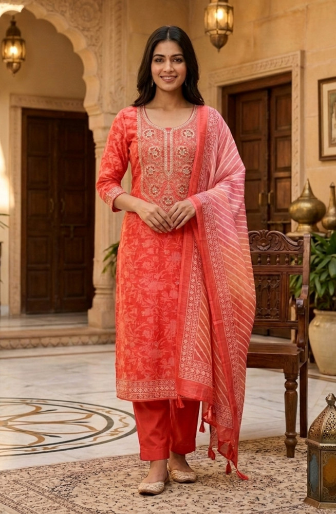Image of Orange Linen Cotton Beautiful Suit Set with Dupatta - 981-P109A