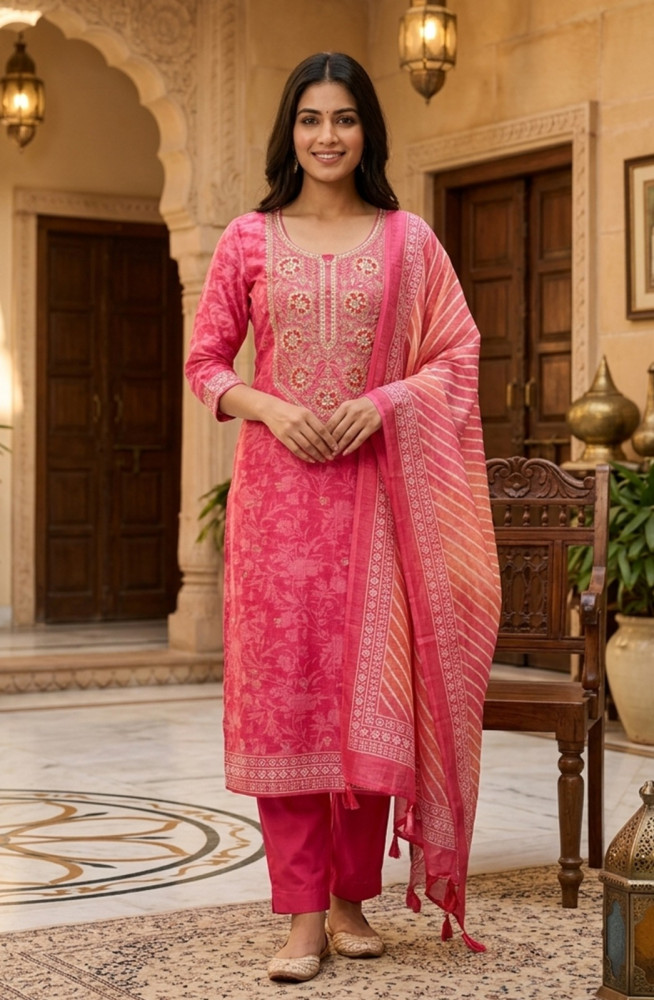Image of Pink Linen Cotton Beautiful Suit Set with Dupatta - 981-P109