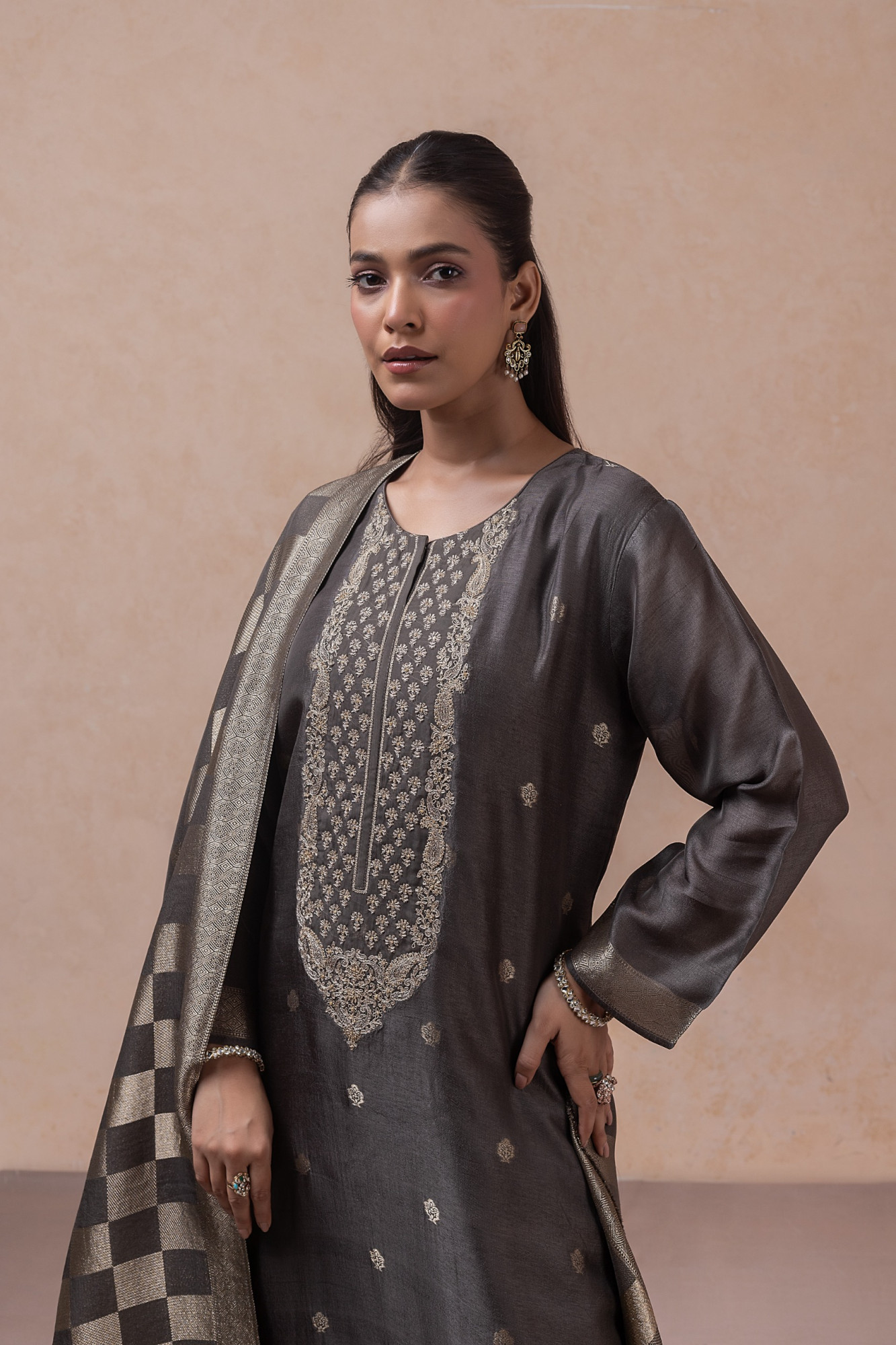 Grey Jacquard Silk Suit Set with Dupatta - R157-SPR2803