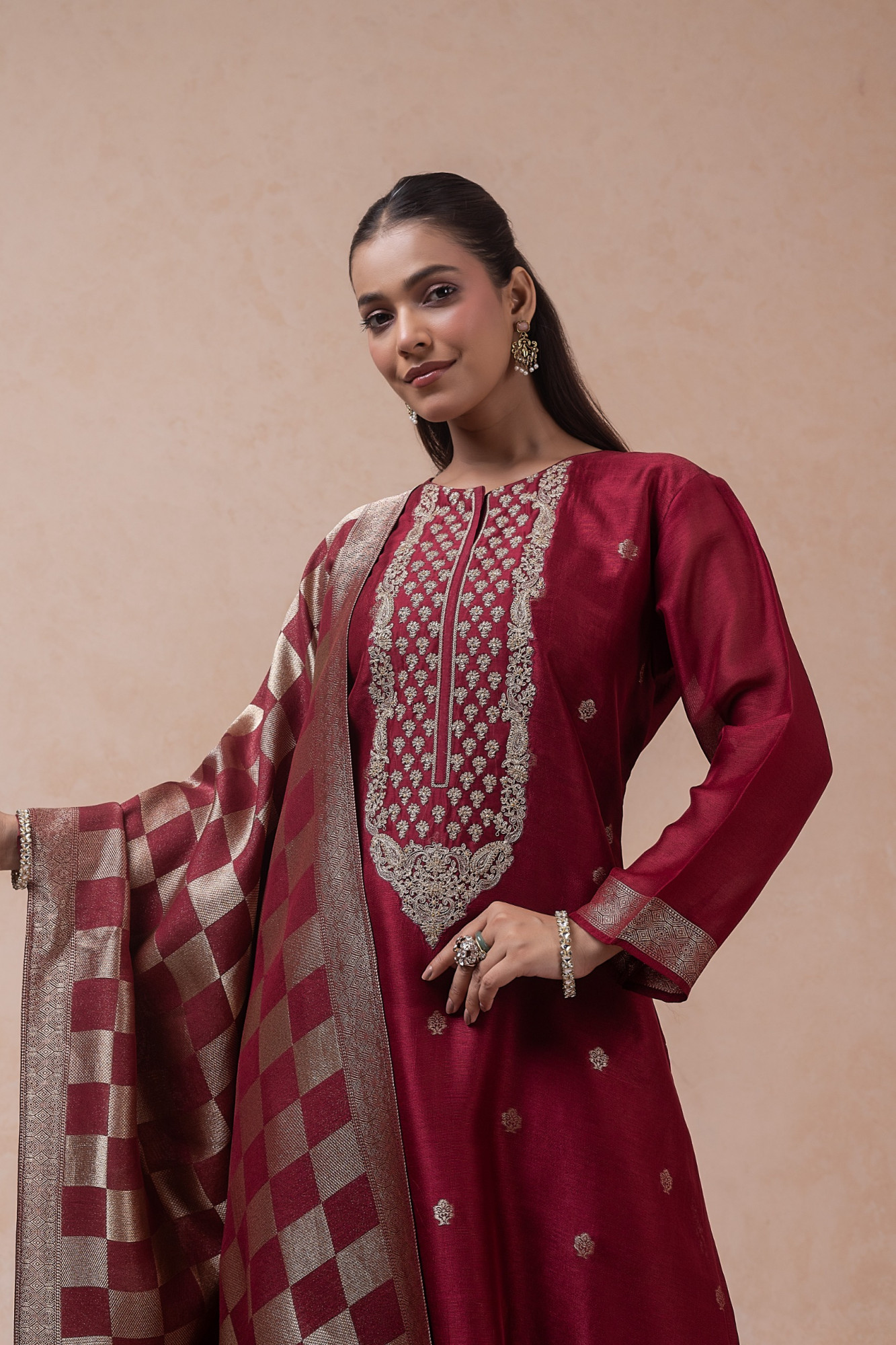 Mehroon Jacquard Silk Suit Set with Dupatta - R157-SPR2803A