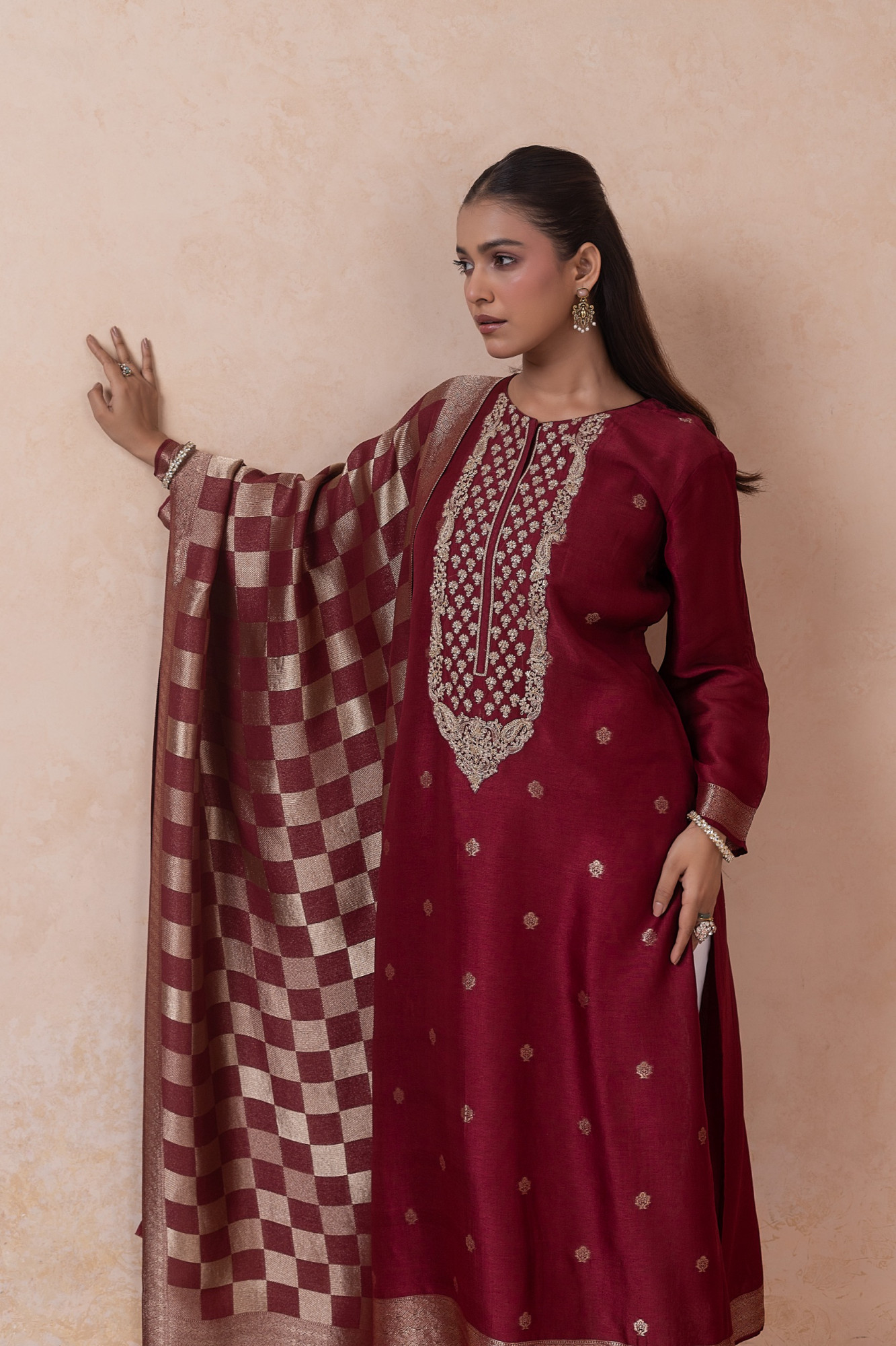 Mehroon Jacquard Silk Suit Set with Dupatta - R157-SPR2803A