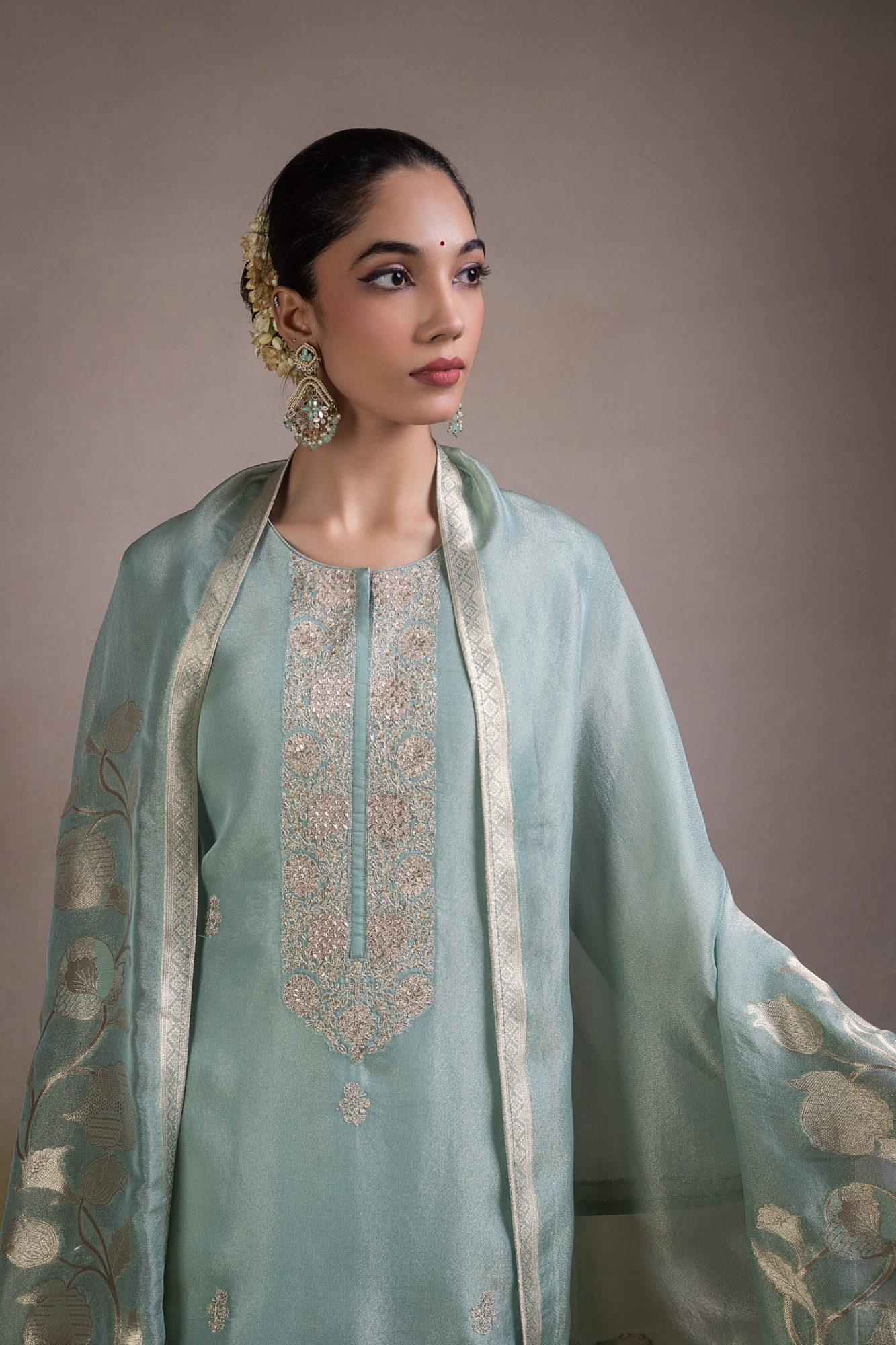 Green Jacquard Silk Unstitched Suit Set with Dupatta - R157-SPR2818A