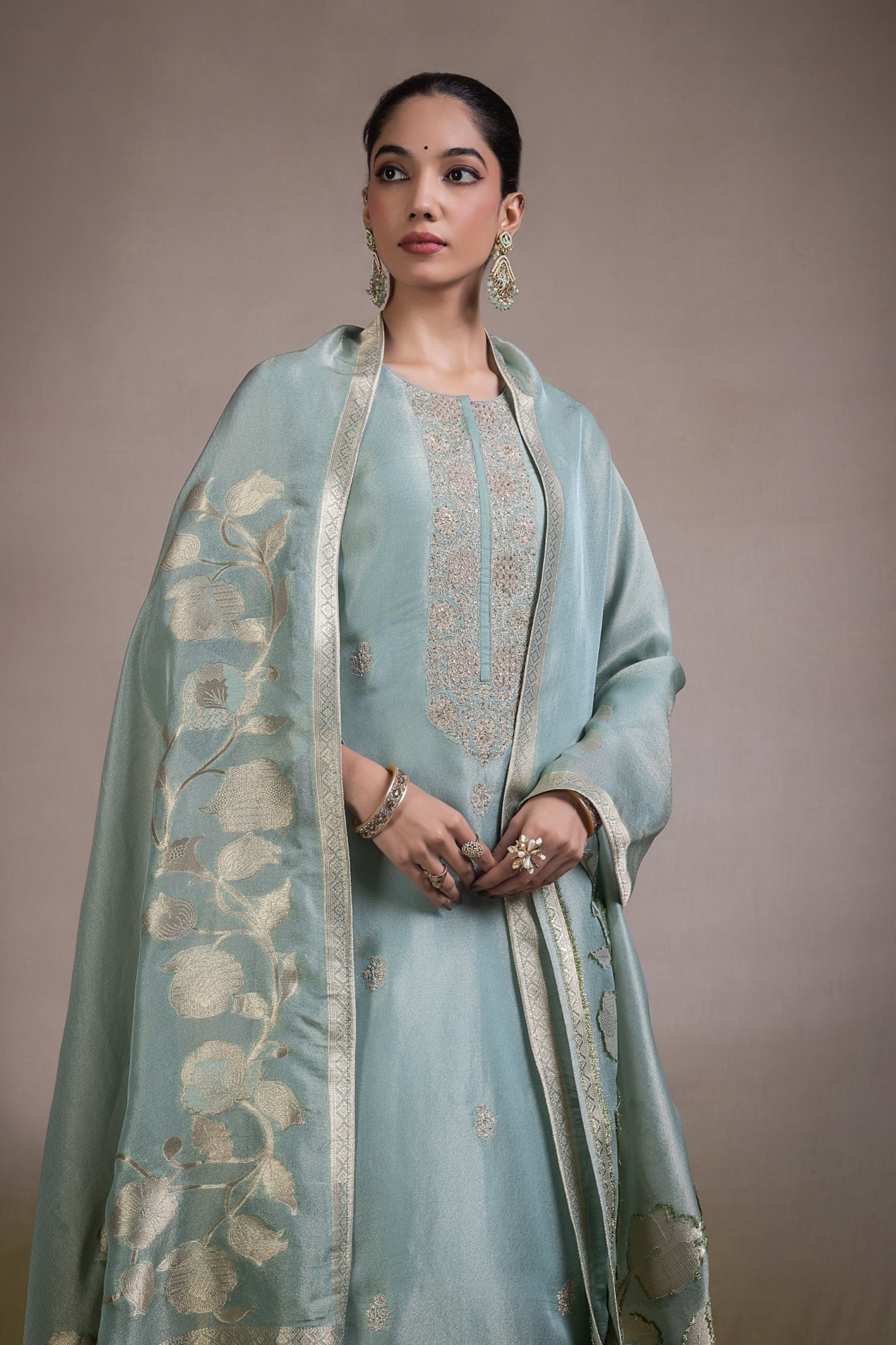 Green Jacquard Silk Unstitched Suit Set with Dupatta - R157-SPR2818A