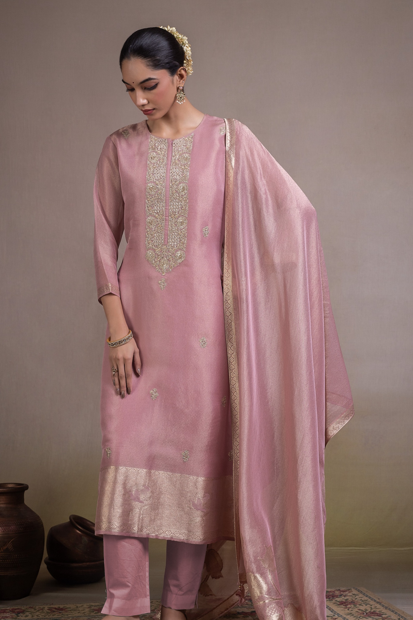 Pink Jacquard Silk Unstitched Suit Set with Dupatta - R157-SPR2818