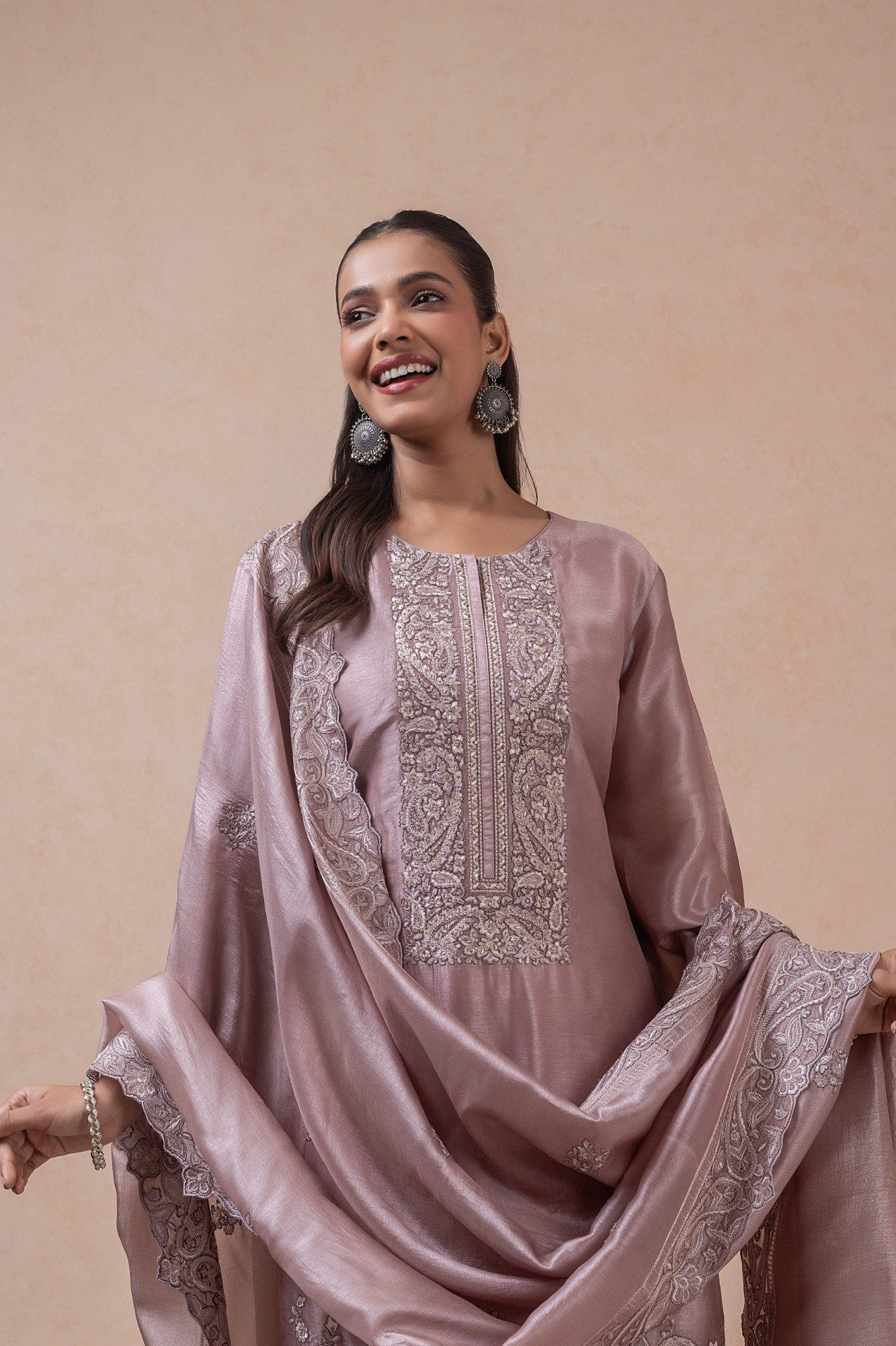 Peach Embroidered Silk Unstitched Suit Set with Dupatta - R157-SPR2778