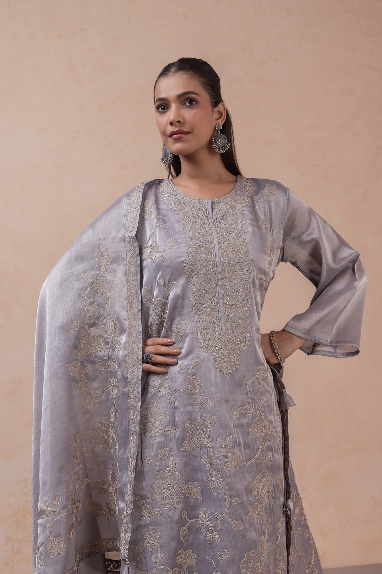 Grey Oris Silk Unstitched Suit Set with Beautiful Dupatta - R157-SPR2768
