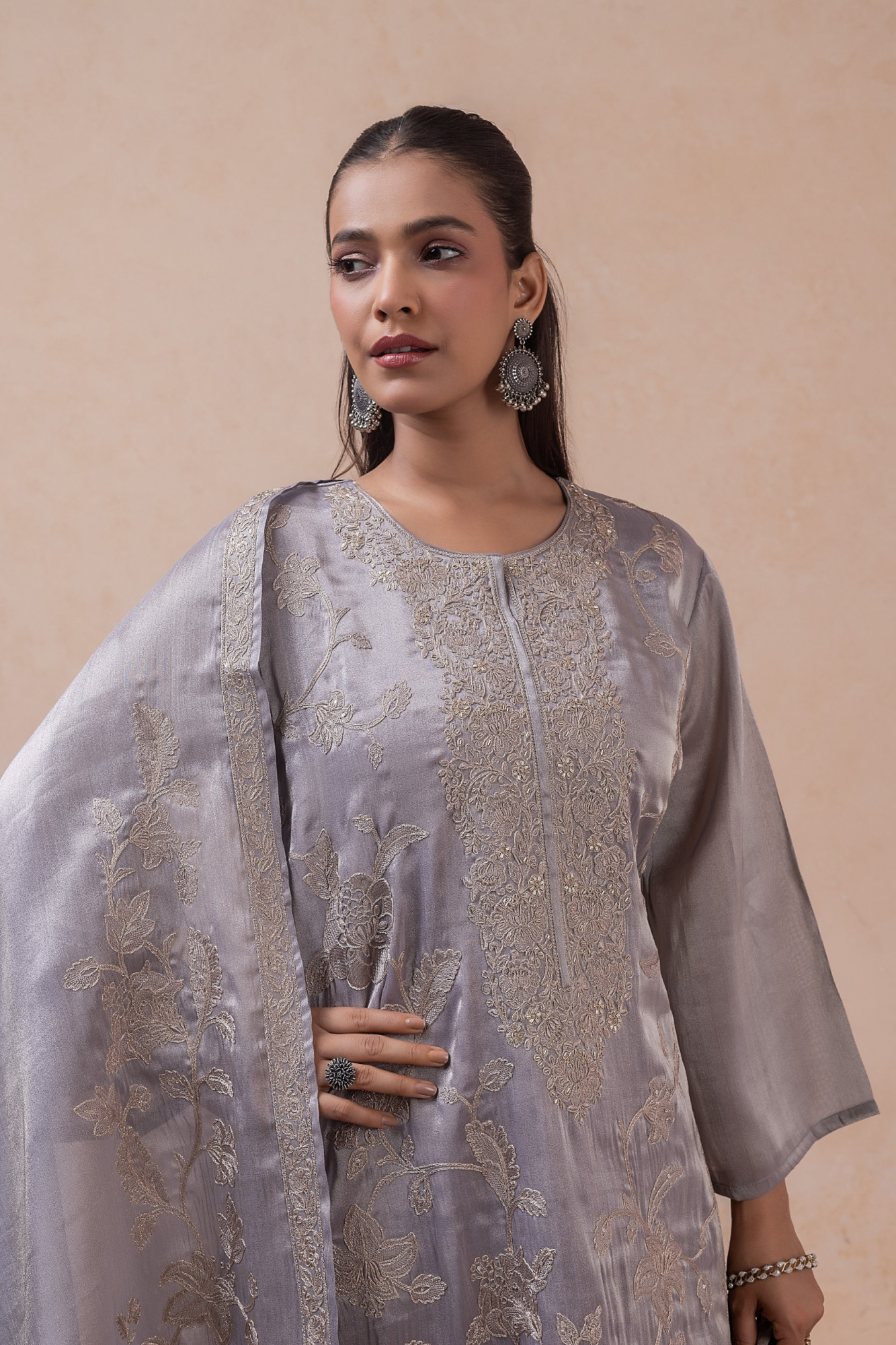 Grey Oris Silk Unstitched Suit Set with Beautiful Dupatta - R157-SPR2768