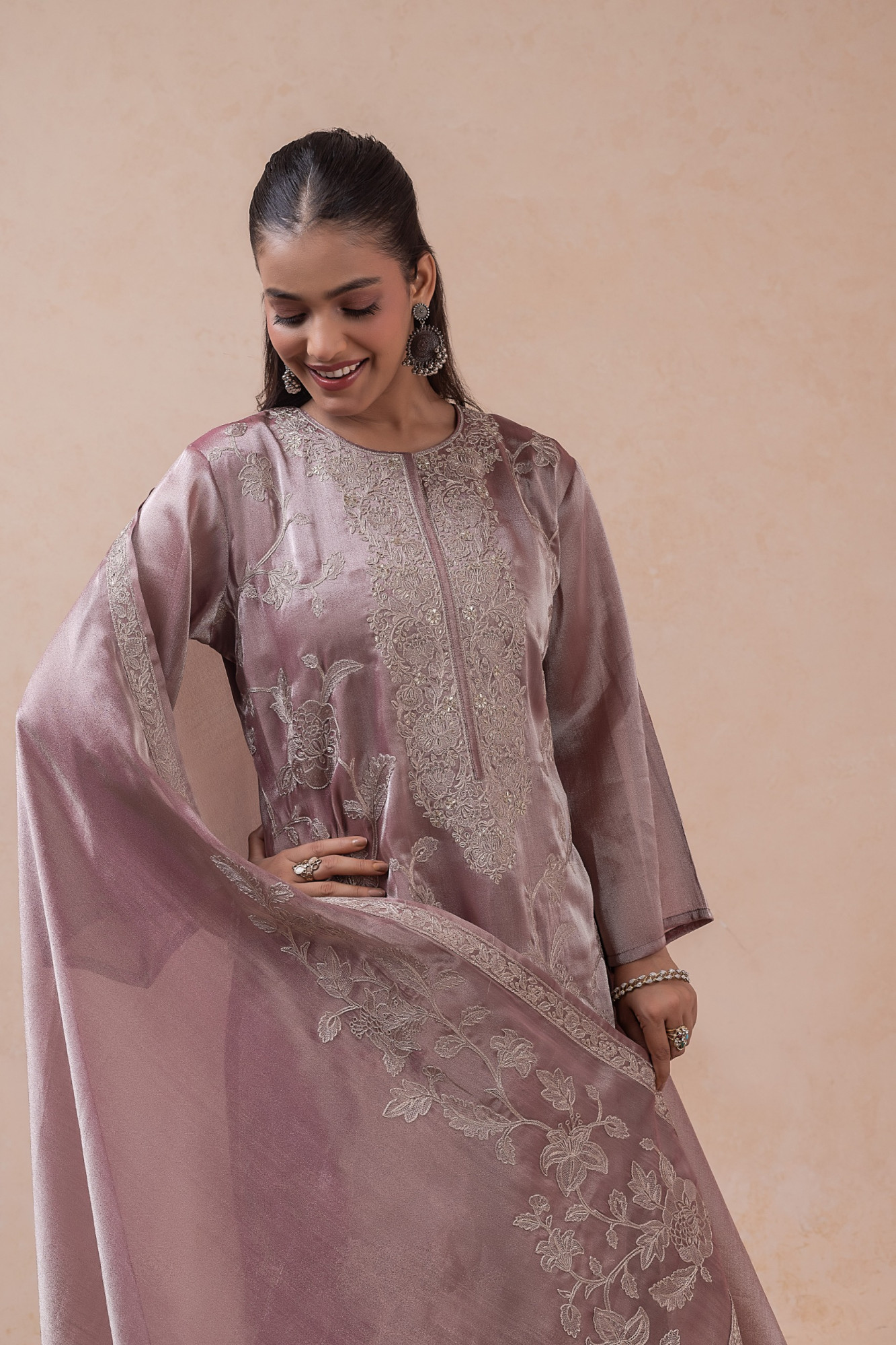 Peach Oris Silk Unstitched Suit Set with Beautiful Dupatta - R157-SPR2768A