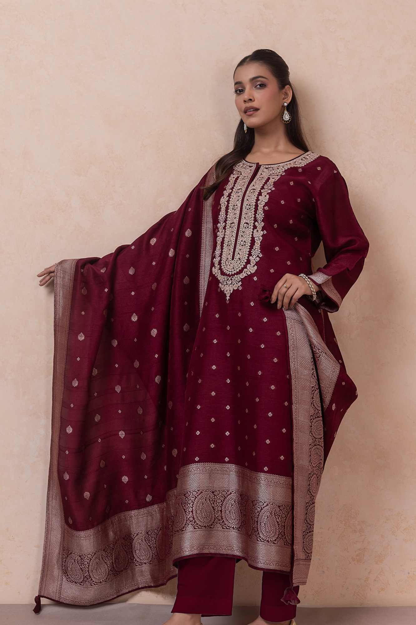 Wine Silk jacquard Unstitched Suit Set with Dupatta - R157-SPR2802