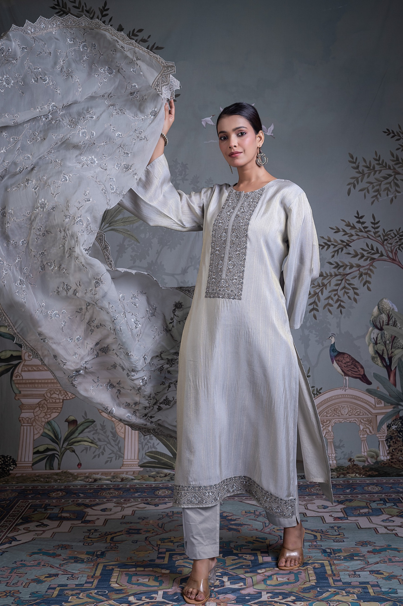 Grey Silk Jacquard Unstitched Suit Set with Dupatta - R157-SPR2766