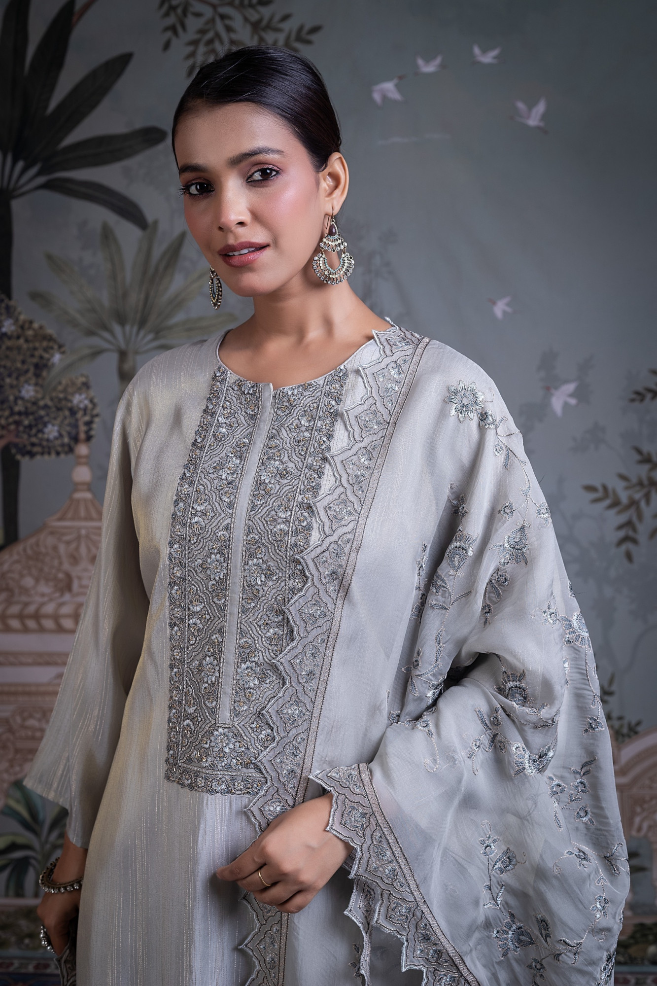Grey Silk Jacquard Unstitched Suit Set with Dupatta - R157-SPR2766