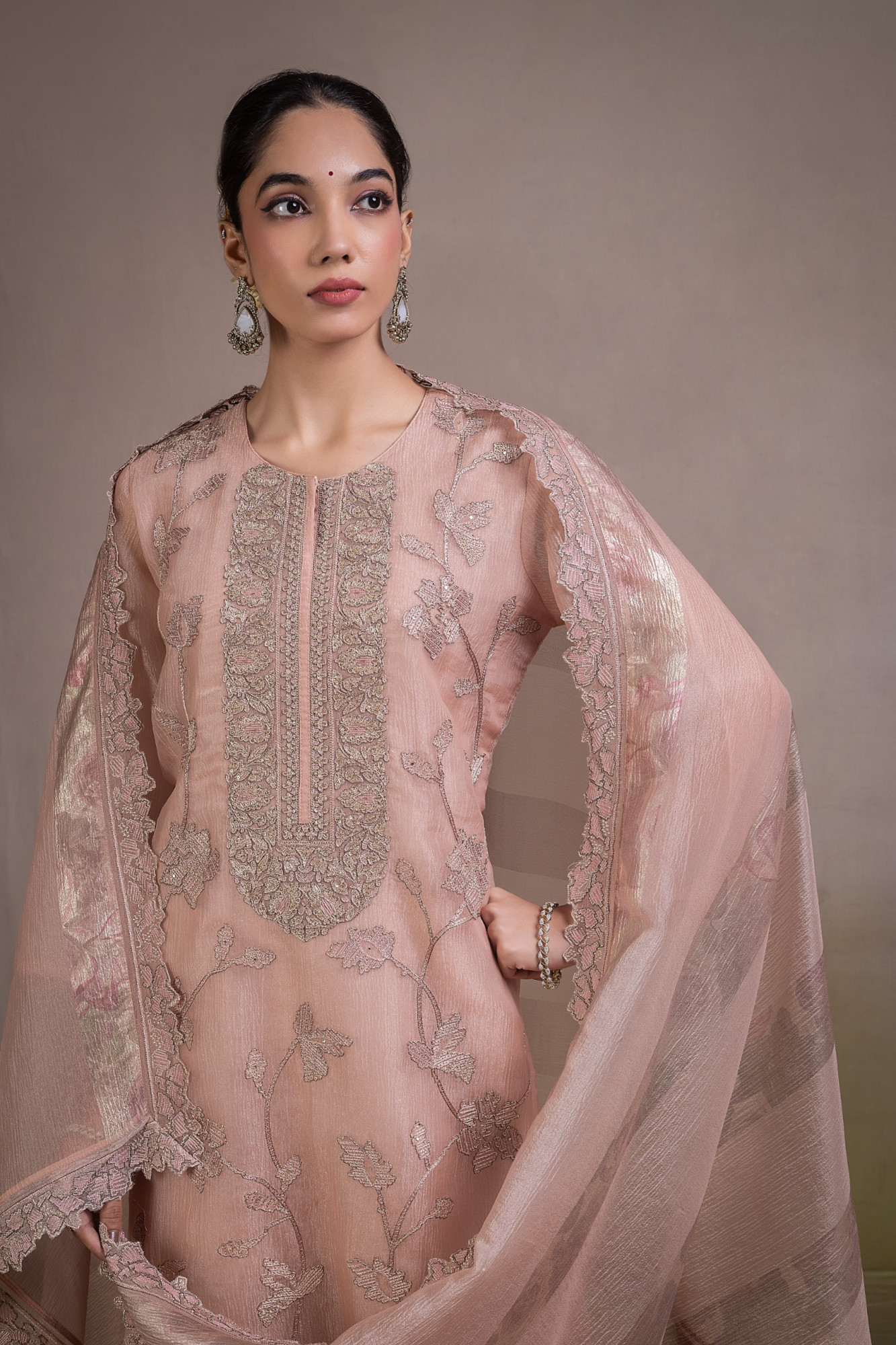 Peach Banarsi tissue crush Unstitched Suit Set with Beautiful Dupatta - R157-SPR2840