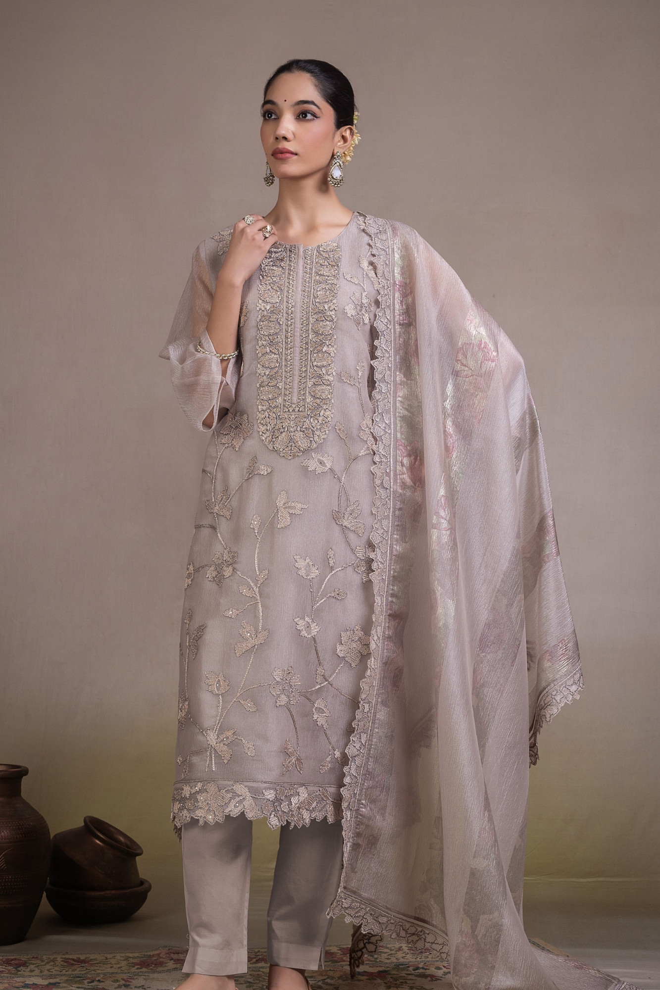 Fawn Banarsi tissue crush Unstitched Suit Set with Beautiful Dupatta - R157-SPR2840A