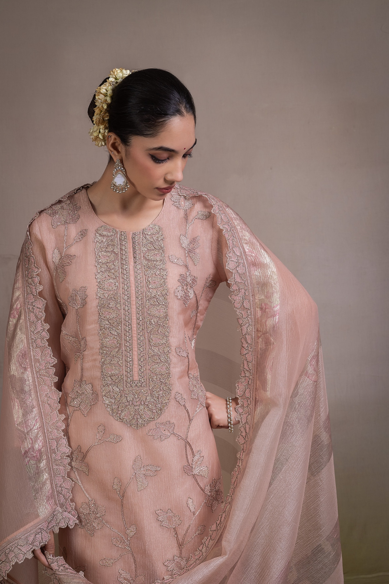 Peach Banarsi tissue crush Unstitched Suit Set with Beautiful Dupatta - R157-SPR2840