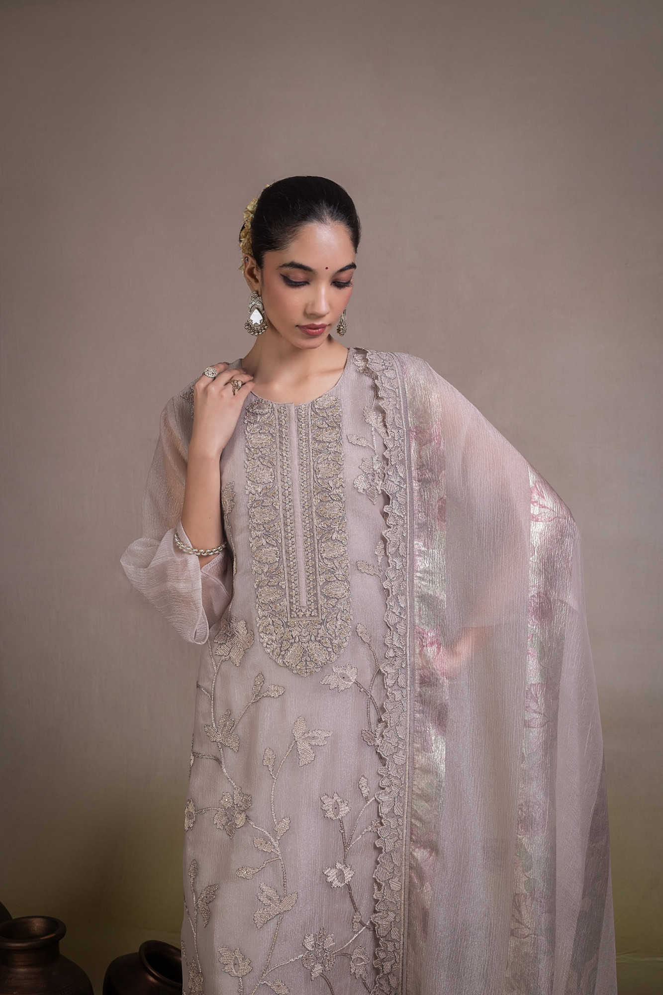Fawn Banarsi tissue crush Unstitched Suit Set with Beautiful Dupatta - R157-SPR2840A