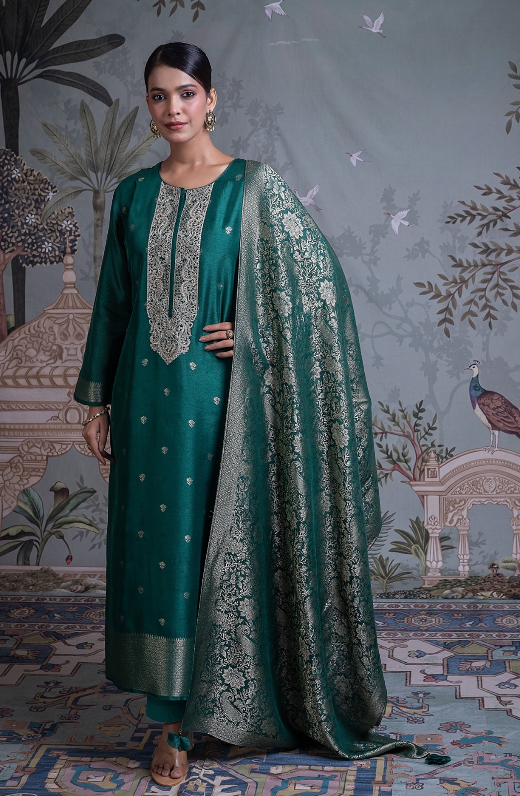Bottle Green Jacquard Silk Unstitched Suit Set with Dupatta - R157-SPR2800