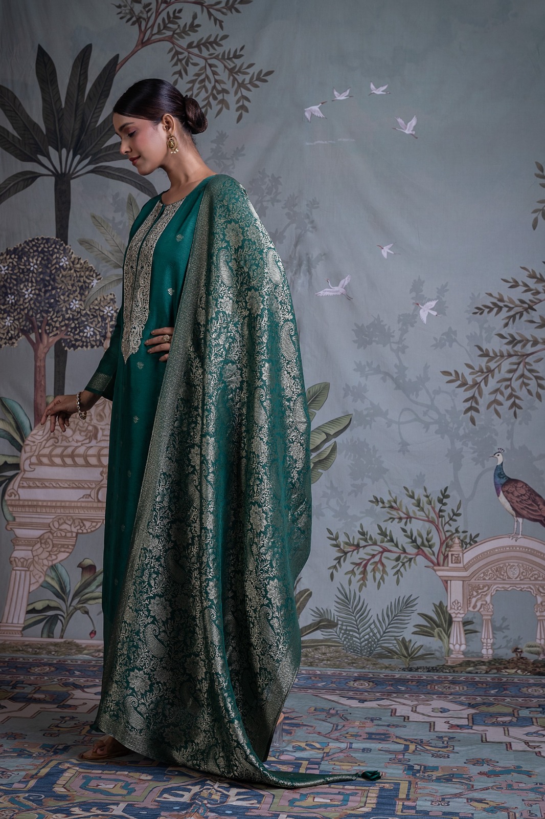 Bottle Green Jacquard Silk Unstitched Suit Set with Dupatta - R157-SPR2800