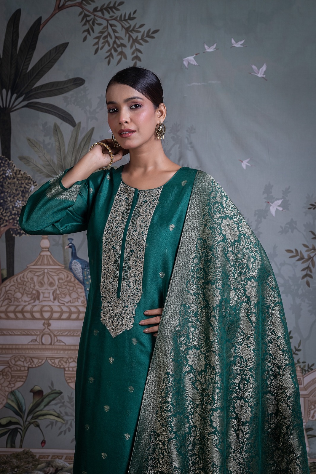 Bottle Green Jacquard Silk Unstitched Suit Set with Dupatta - R157-SPR2800