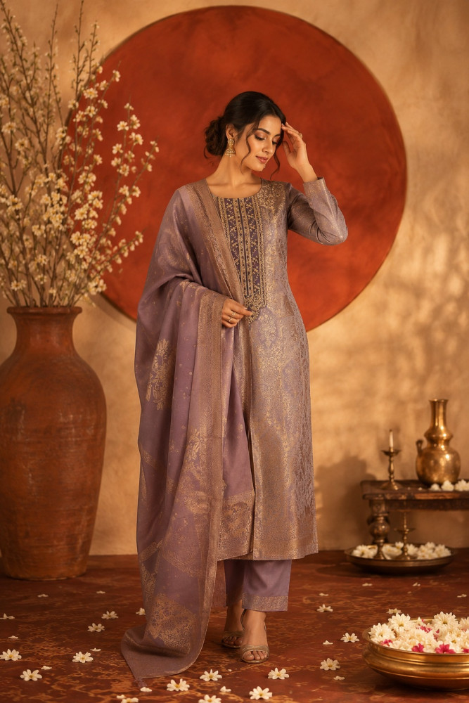 Image of Purple Brocade Beautiful Suit Set with Dupatta - 944-11528A