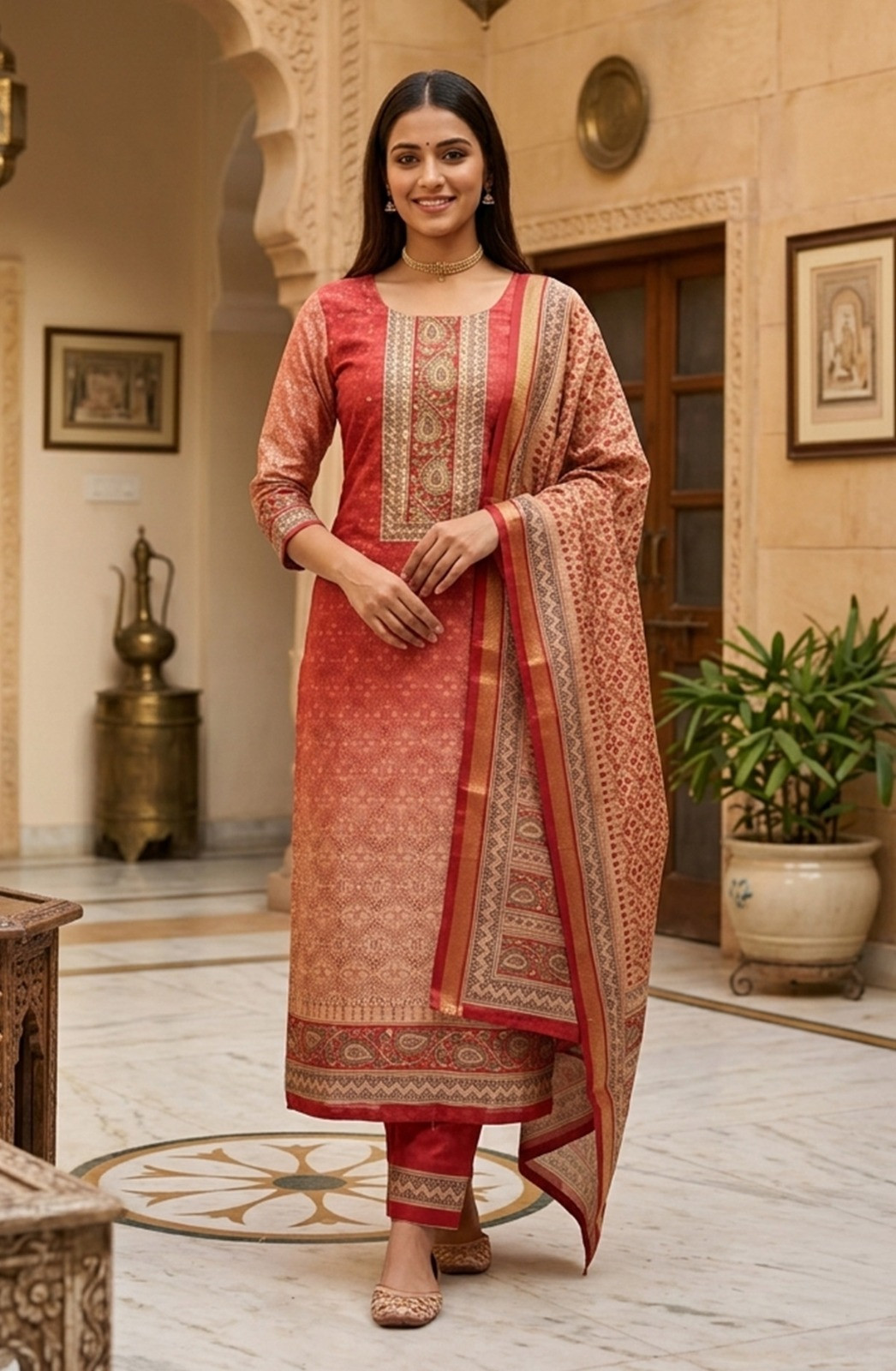 Rust Silk Beautiful Suit Set with Dupatta - 981-1352A