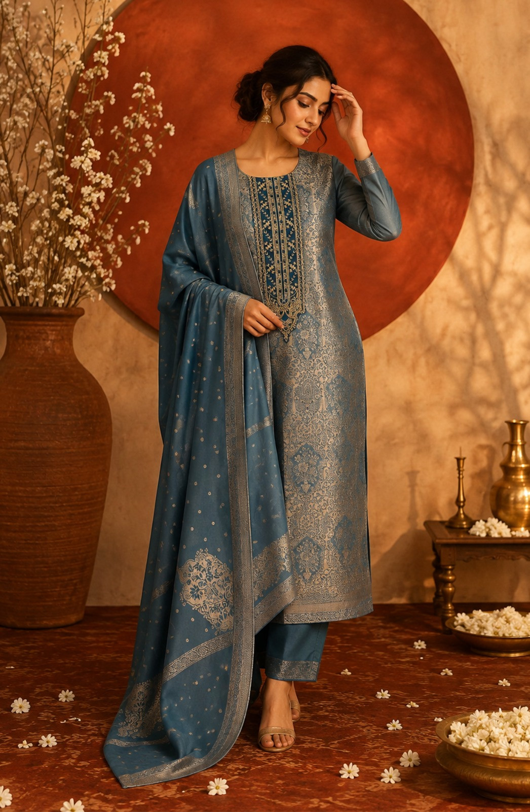 Teal Brocade Beautiful Suit Set with Dupatta - 944-11528