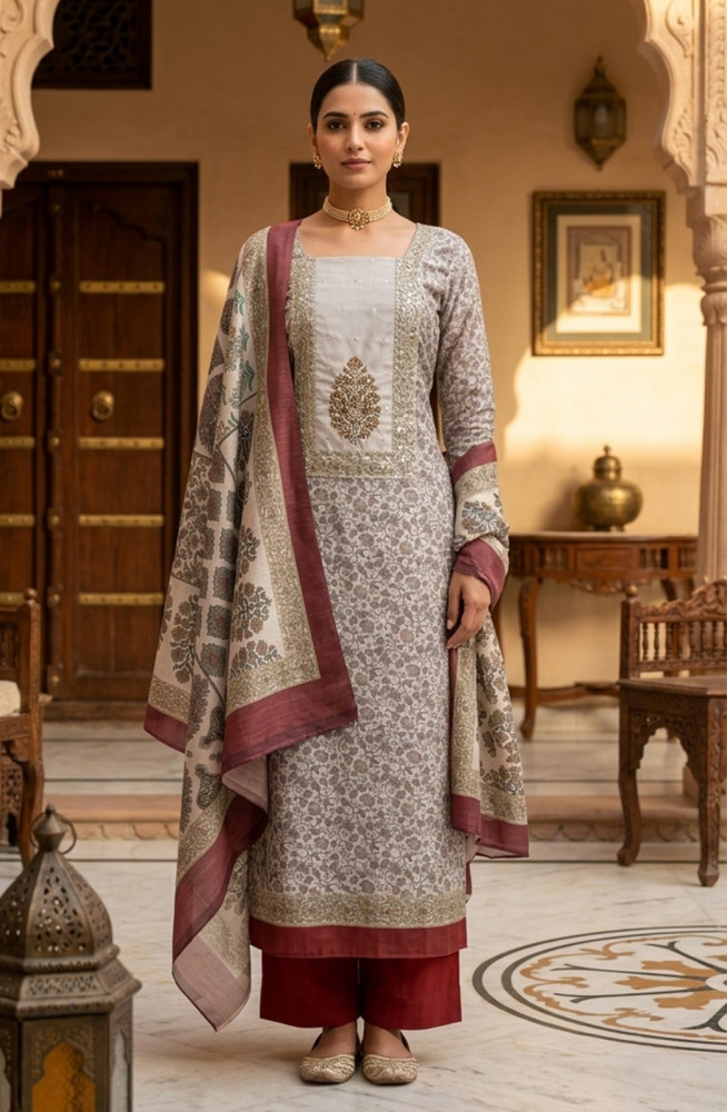 Image of Rust Silk Beautiful Suit Set with Silk Dupatta - 981-1359