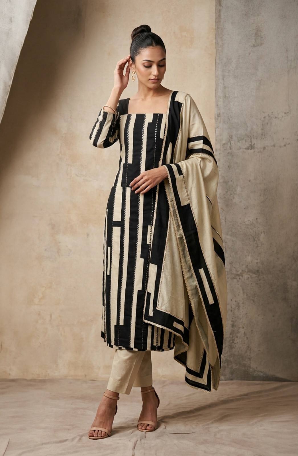 Black Chanderi Silk Unstitched Suit Set with Dupatta - 944-3287
