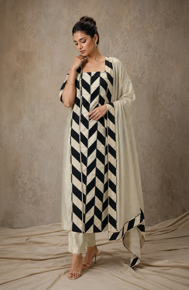 Image of Black Chanderi Silk Unstitched Suit Set with Dupatta - 944-3287A