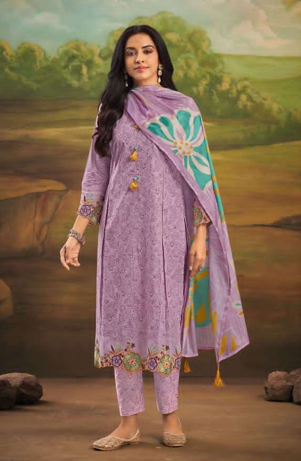 Purple Cotton Block Print Unstitched Suit Set with Dupatta - BUN10487