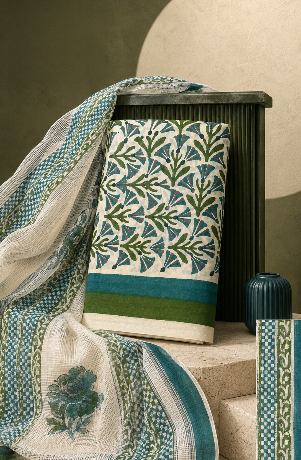 Green Cotton Unstitched Suit Set with Kota Dupatta - 1030-KOTA102-4B