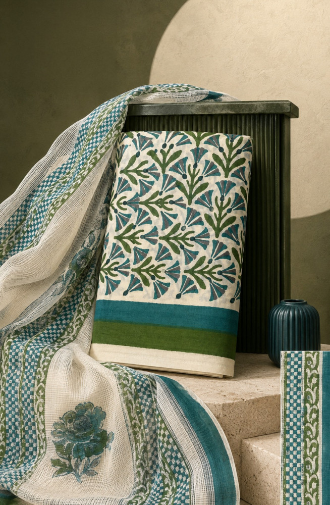 Image of Green Cotton Unstitched Suit Set with Kota Dupatta - 1030-KOTA102-4B