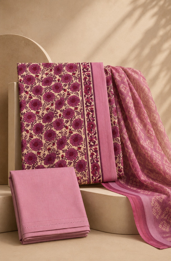 Image of Pink Cotton Unstitched Suit Set with Kota Dupatta - 1030-KOTA102-5B
