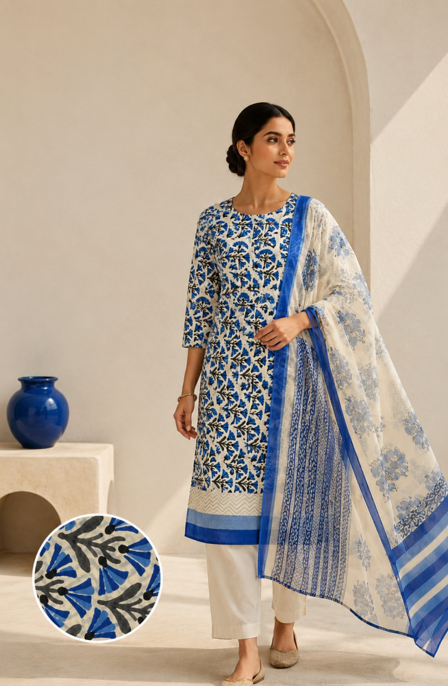 Image of Blue Cotton Unstitched Suit Set with Kota Dupatta - 1030-KOTA102-4C