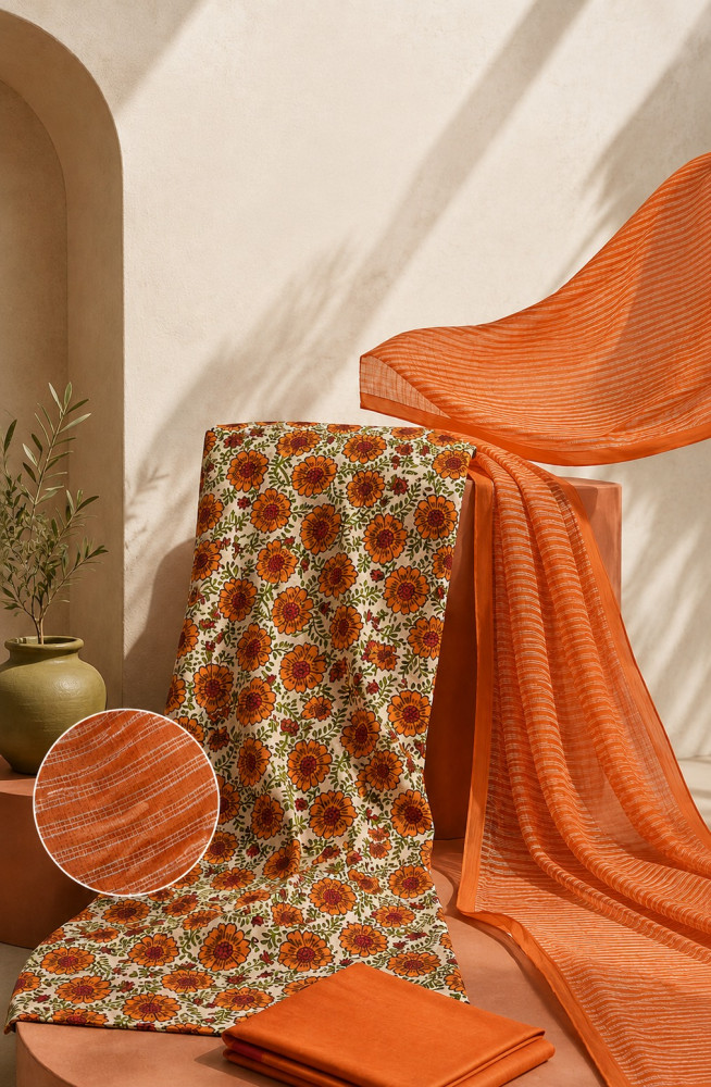 Image of Orange Cotton Unstitched Suit Set with Kota Dupatta - 1030-KOTA102-5A