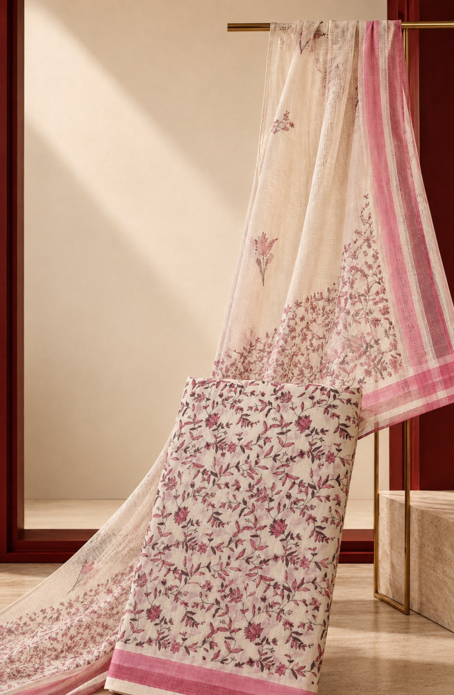Image of Pink Cotton Unstitched Suit Set with Kota Dupatta - 1030-KOTA102-1B