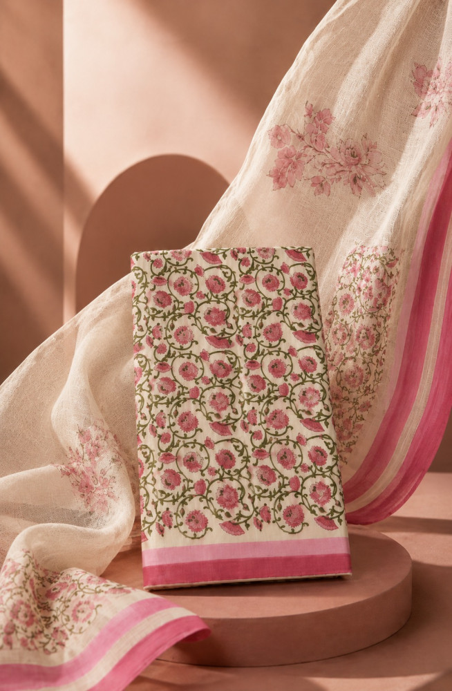 Image of Pink Cotton Unstitched Suit Set with Kota Dupatta - 1030-KOTA102-2A
