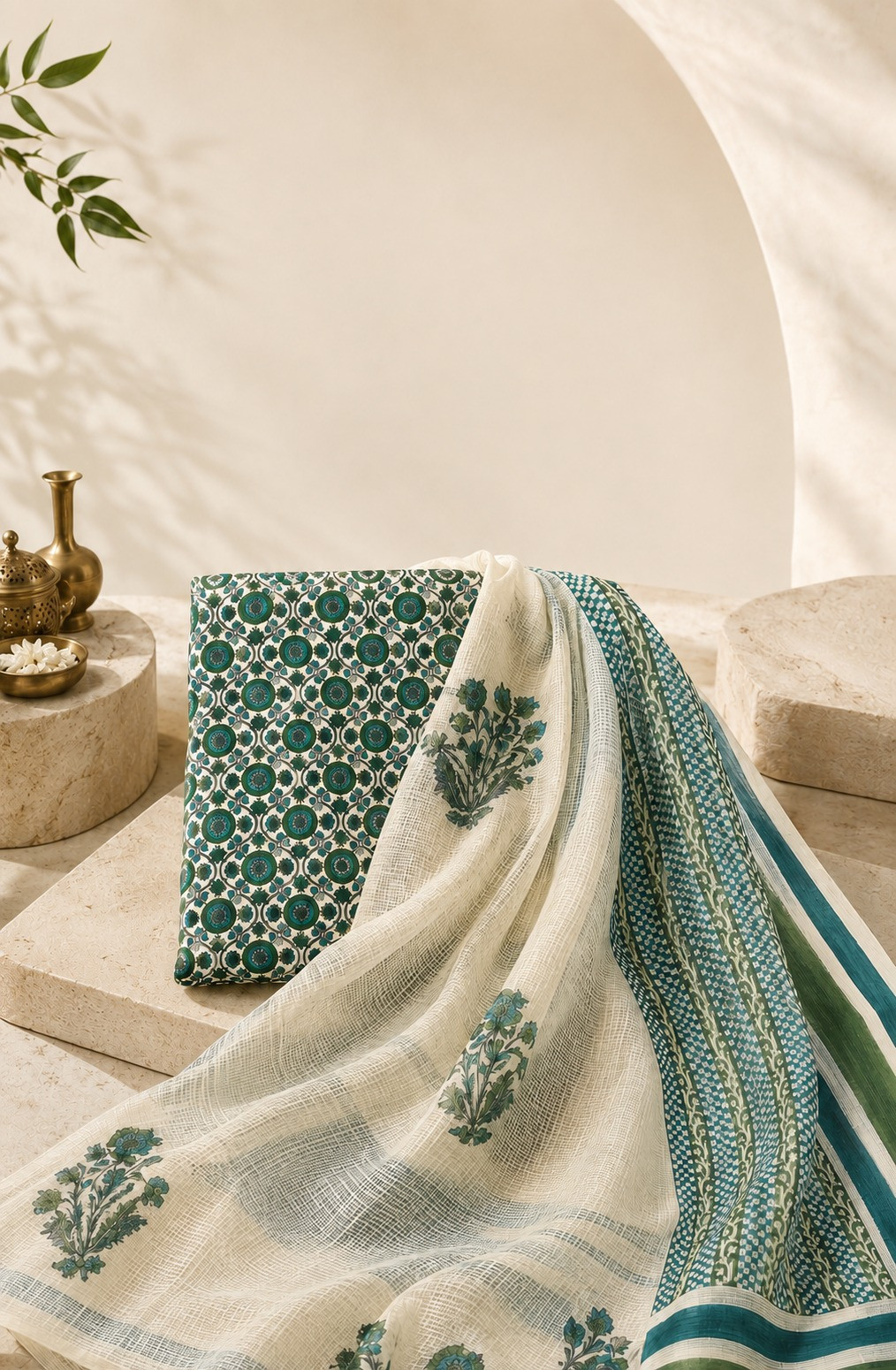 Green Cotton Unstitched Suit Set with Kota Dupatta - 1030-KOTA102-6D