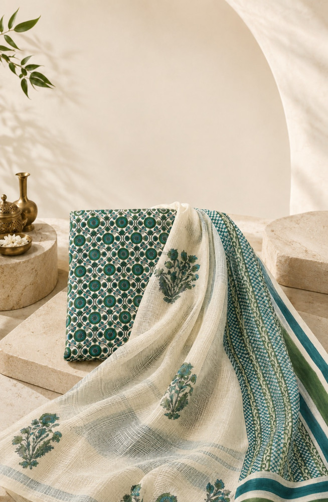 Image of Green Cotton Unstitched Suit Set with Kota Dupatta - 1030-KOTA102-6D