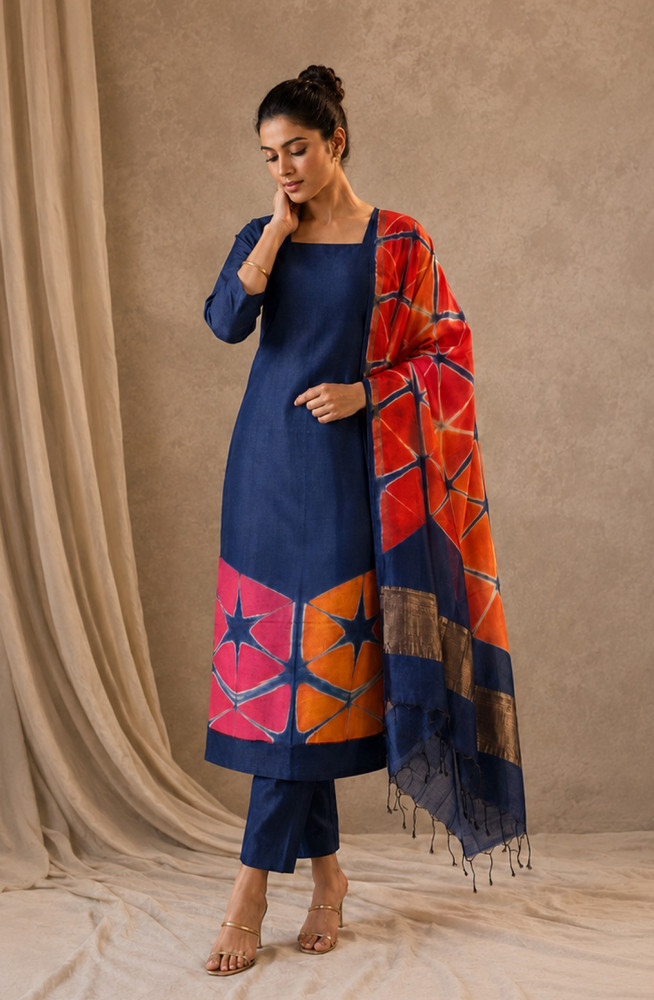Image of Blue Maheshwari Unstitched Suit Set with Dupatta - 1030-SHIVORI-12A