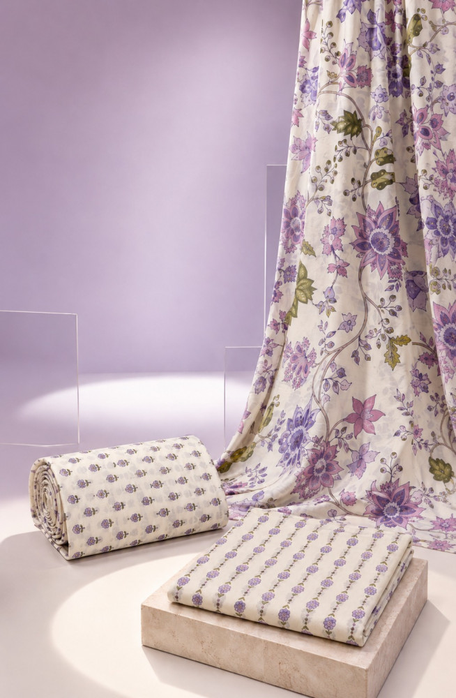 Image of Purple Cotton Unstitched Suit Set with Cotton Dupatta - 983-6630B