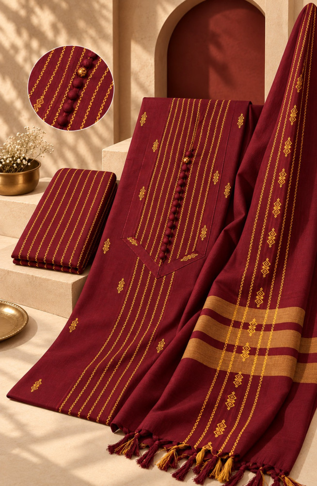 Image of Maroon Cotton Unstitched Suit Set with Beautiful Dupatta - 683-6429