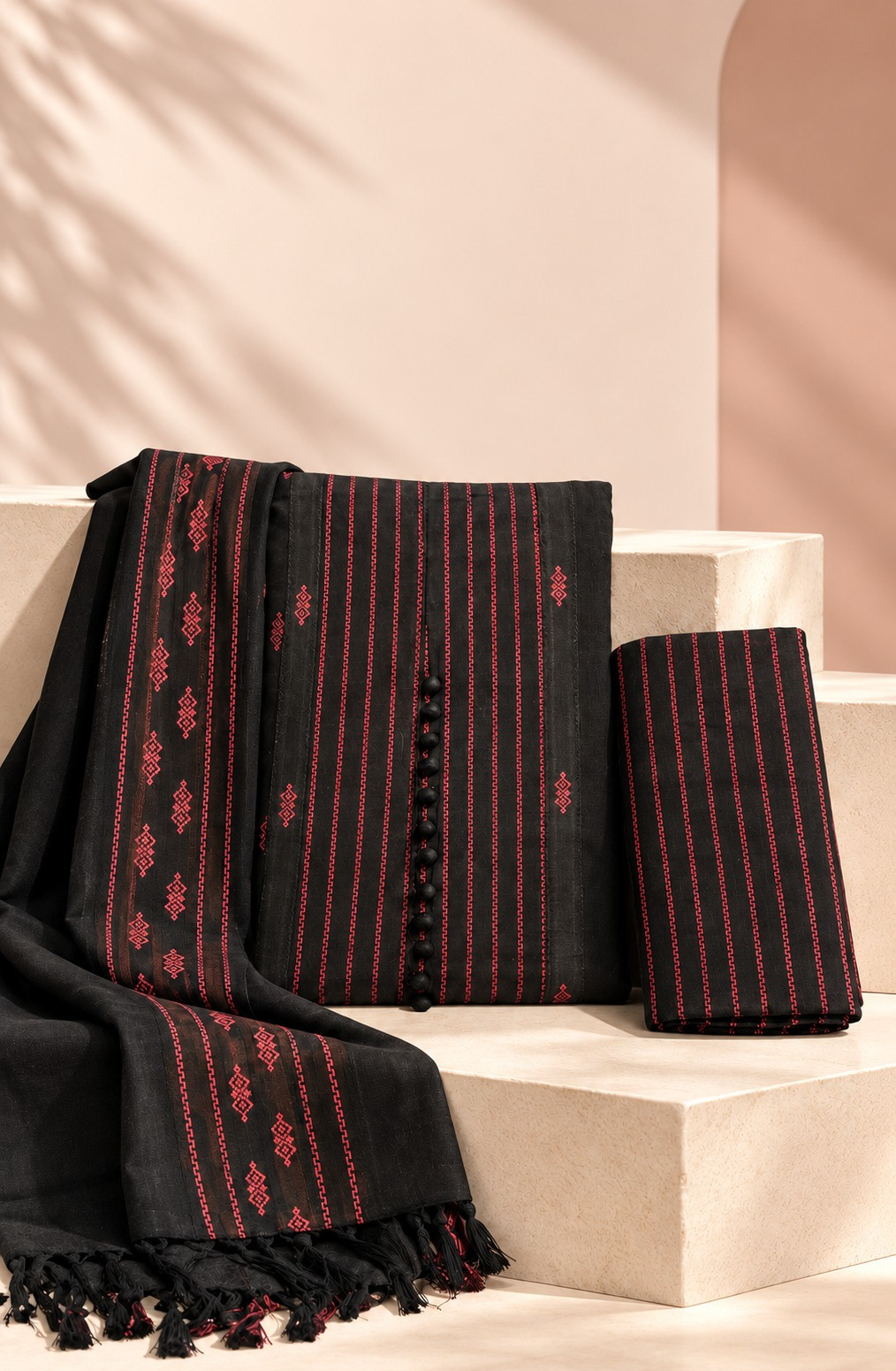 Black Cotton Silk Unstitched Suit Set with Beautiful Dupatta - 983-6429A