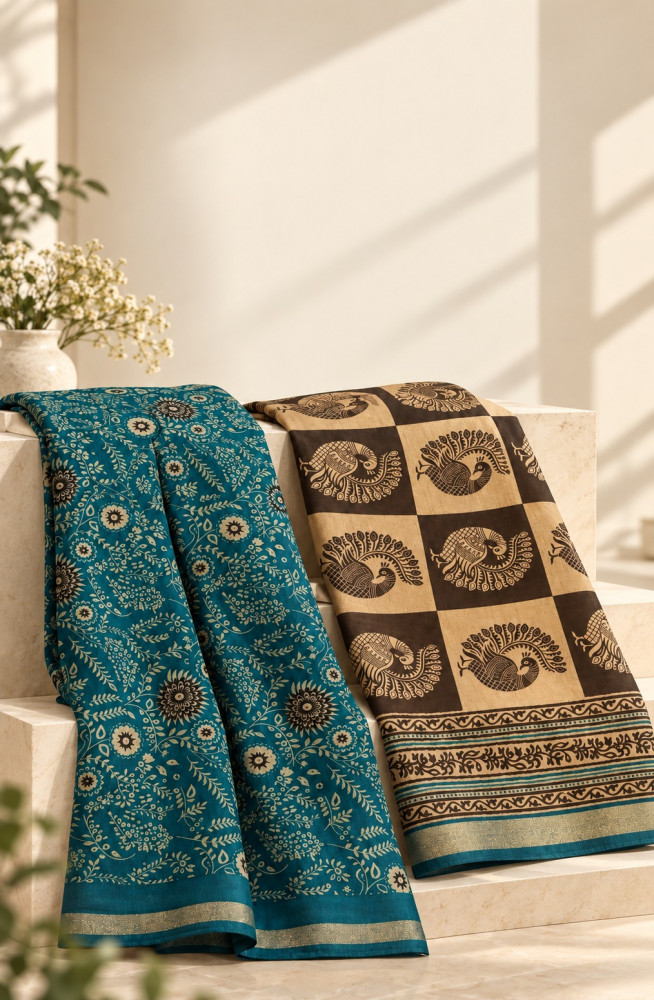 Image of Blue Cotton Silk Unstitched Suit Set with Beautiful Dupatta - 983-6824