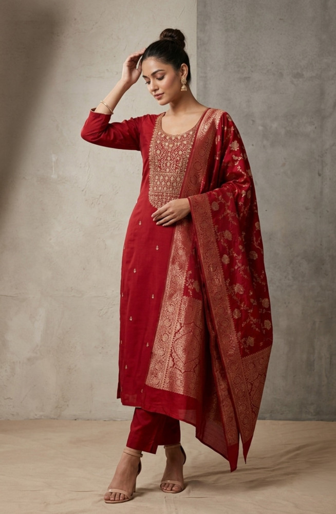 Image of Maroon Chanderi silk Unstitched Suit Set with Dupatta - 981-NK663