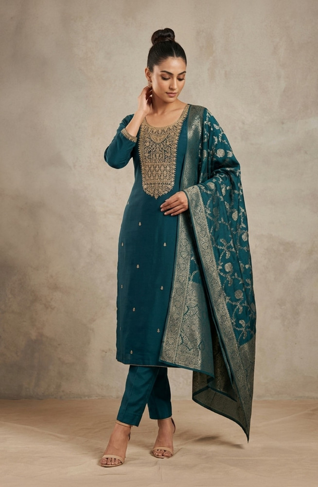 Image of Bottle Green Chanderi silk Unstitched Suit Set with Dupatta - 981-NK663
