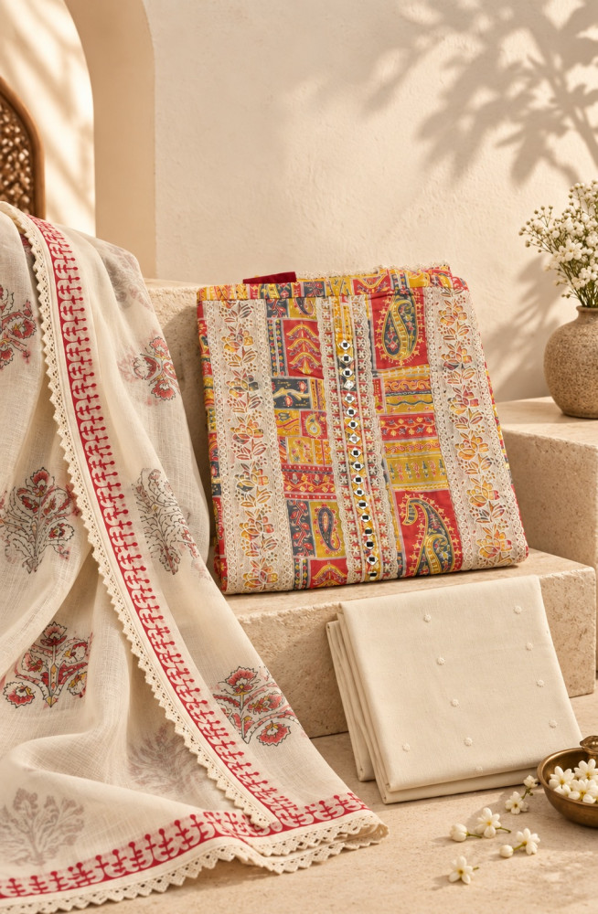 Image of Multi- Cotton Unstitched Suit Set with Beautiful Dupatta - 944-5968